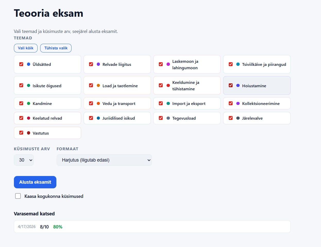 Teooria eksami loomine teemade ja küsimuste valikuga